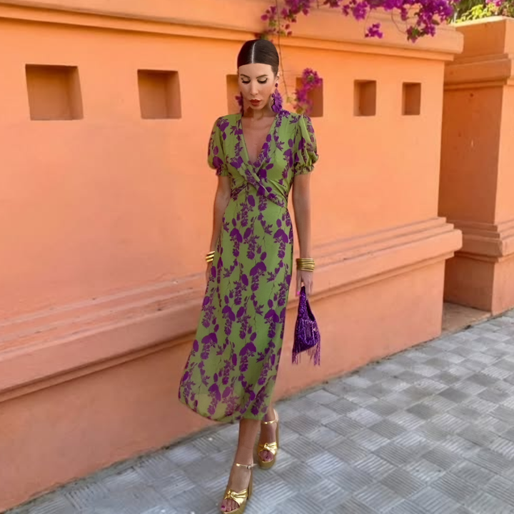 Ava | Stylish Floral Print Holiday Dress with Puff Sleeves