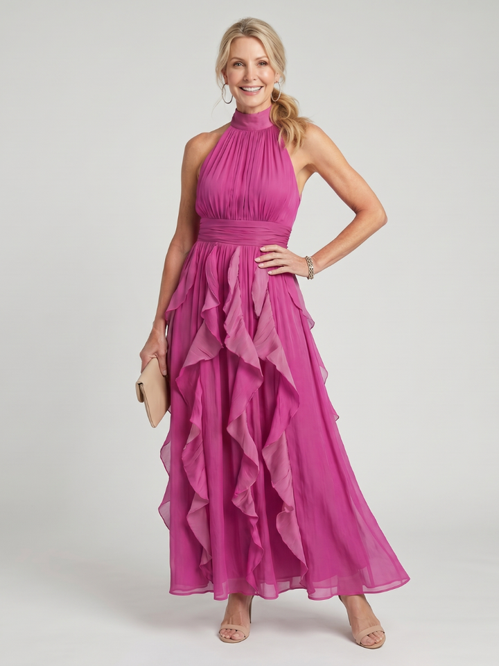 Barbara | Elegant High Neck Holiday Dress with Ruffle Maxi Skirt