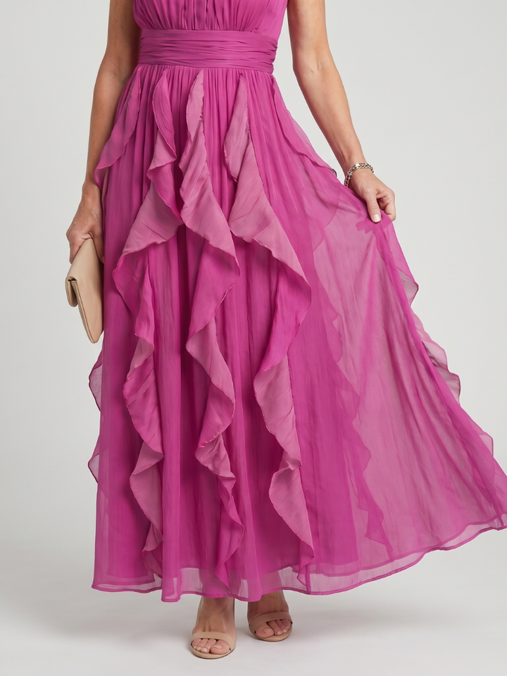 Barbara | Elegant High Neck Holiday Dress with Ruffle Maxi Skirt