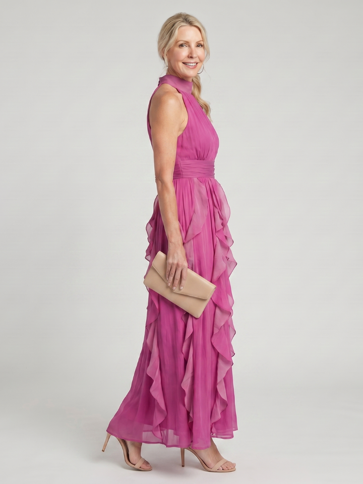Barbara | Elegant High Neck Holiday Dress with Ruffle Maxi Skirt