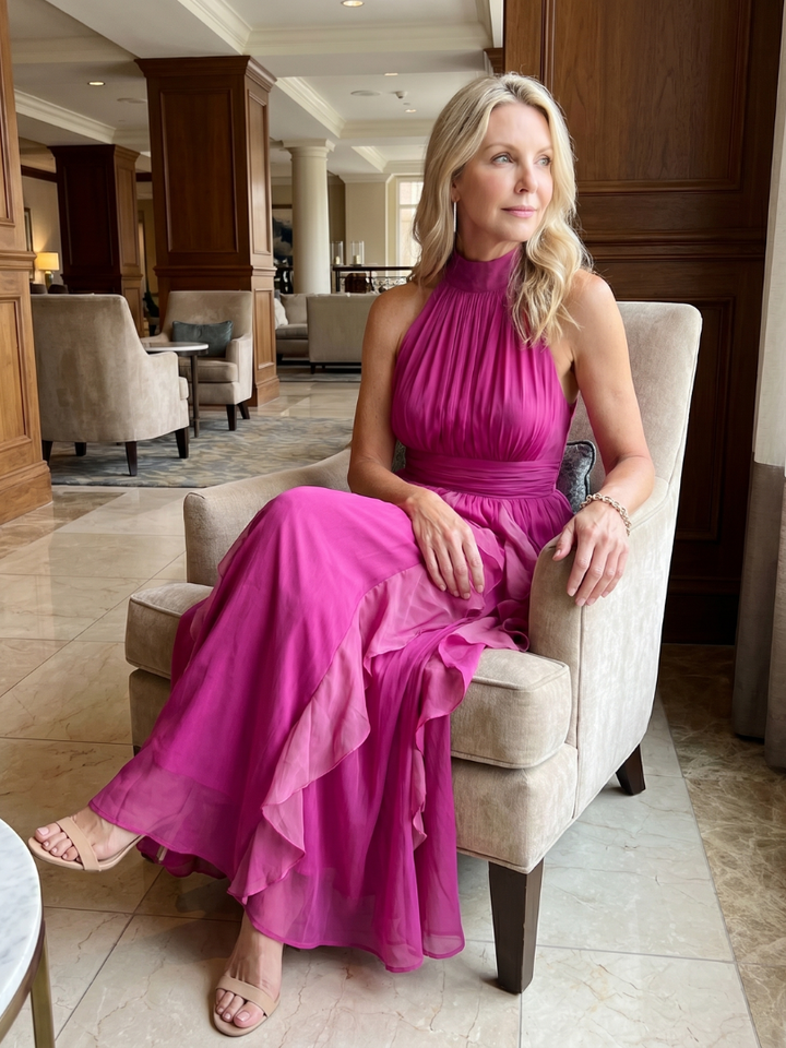 Barbara | Elegant High Neck Holiday Dress with Ruffle Maxi Skirt