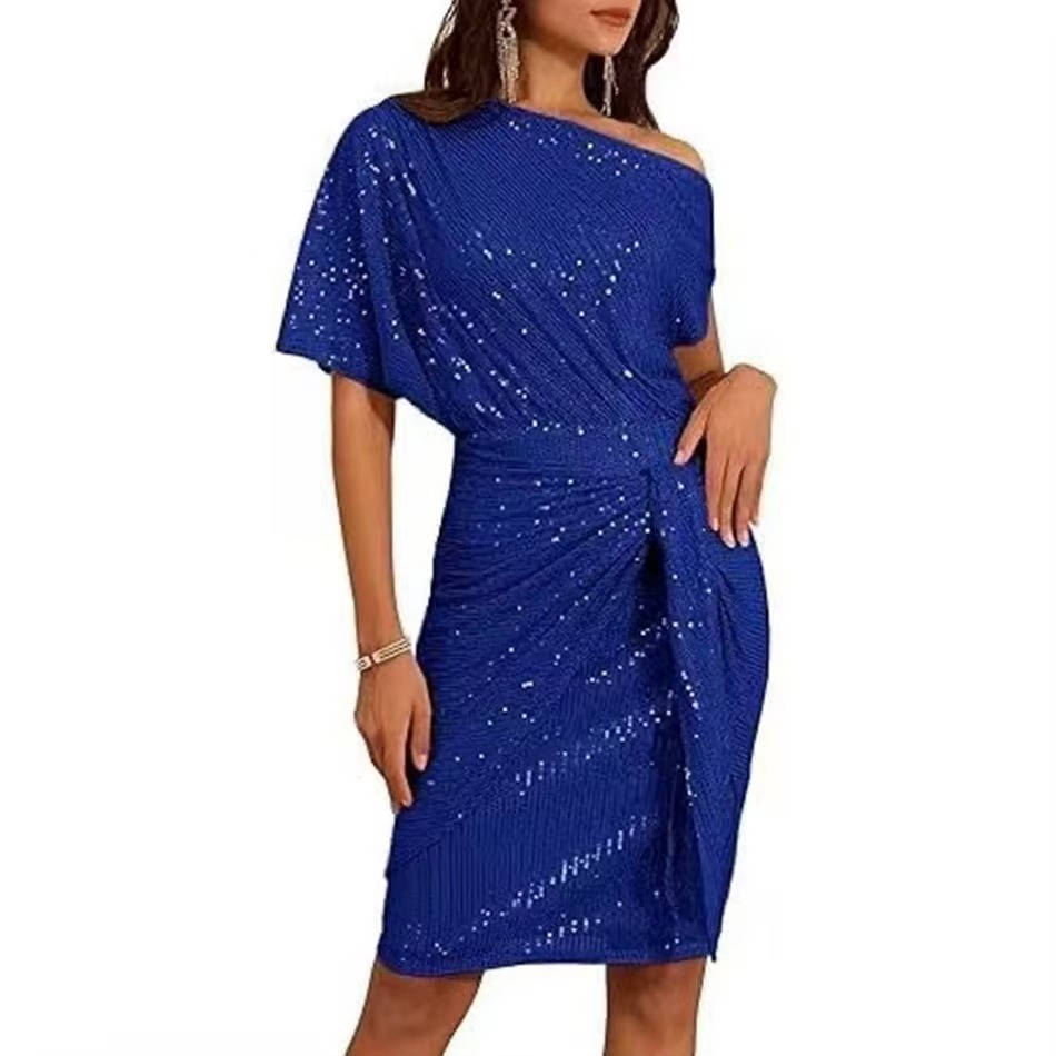 Barbara | Relaxed One Shoulder Sequin Holiday Dress