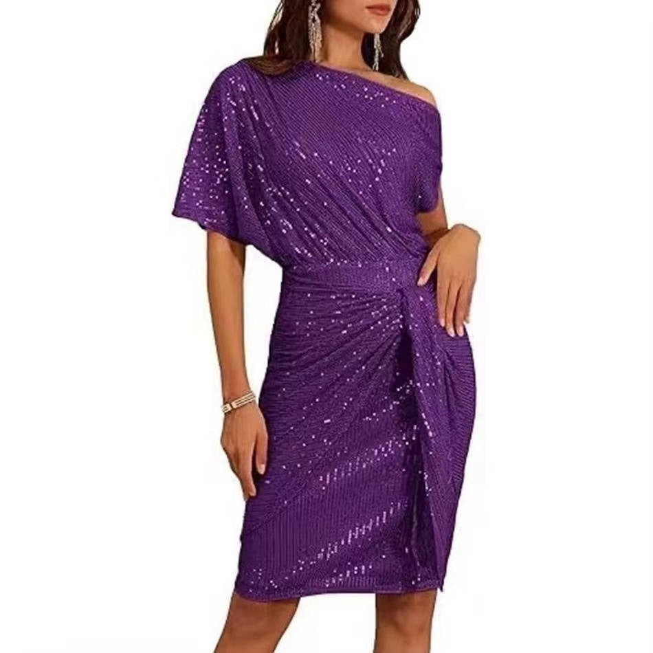 Barbara | Relaxed One Shoulder Sequin Holiday Dress