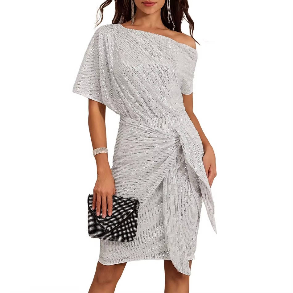 Barbara | Relaxed One Shoulder Sequin Holiday Dress