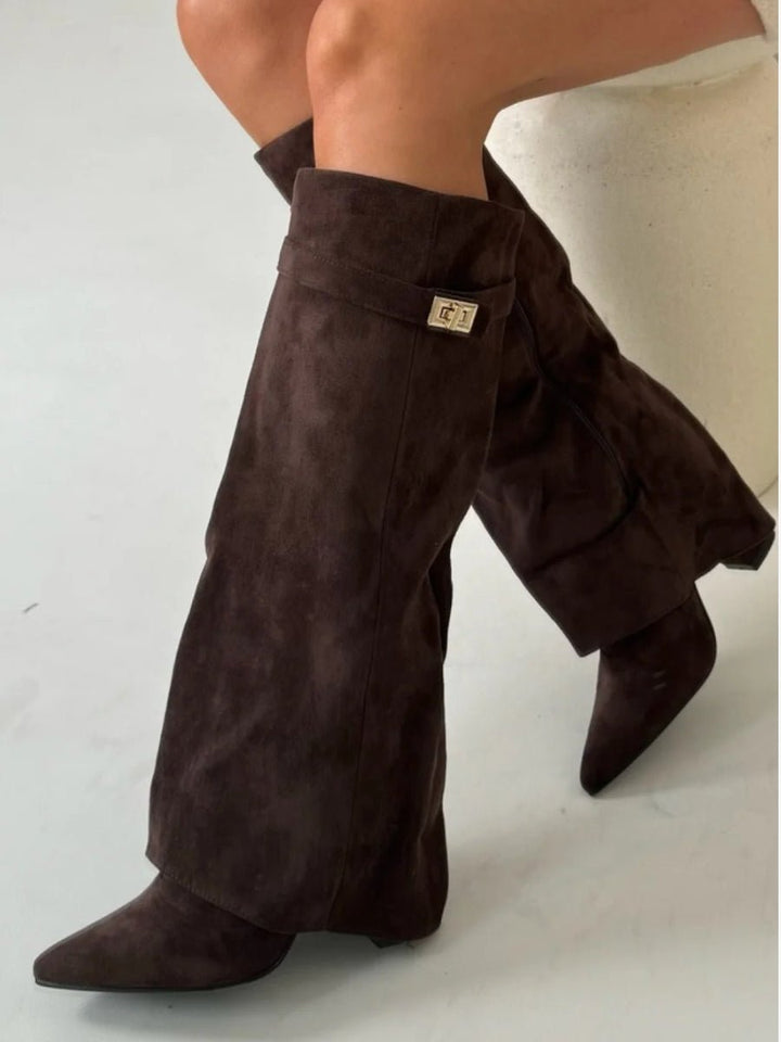 Barbara | Sophisticated Pointed Toe Knee High Boots with Block Heel