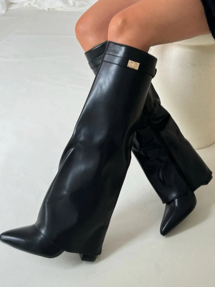 Barbara | Sophisticated Pointed Toe Knee High Boots with Block Heel