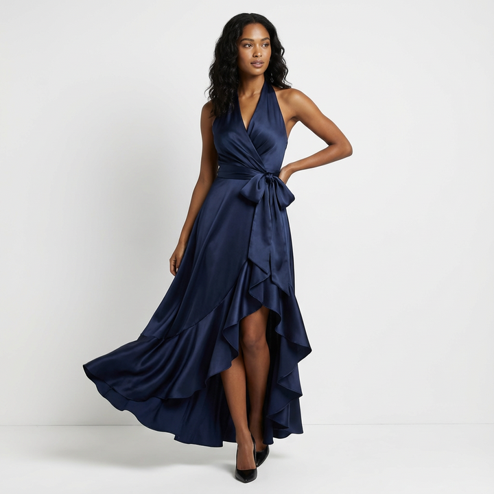 Beverly | Chic Halter Wrap Ruffle Fall Wedding Guest Dress