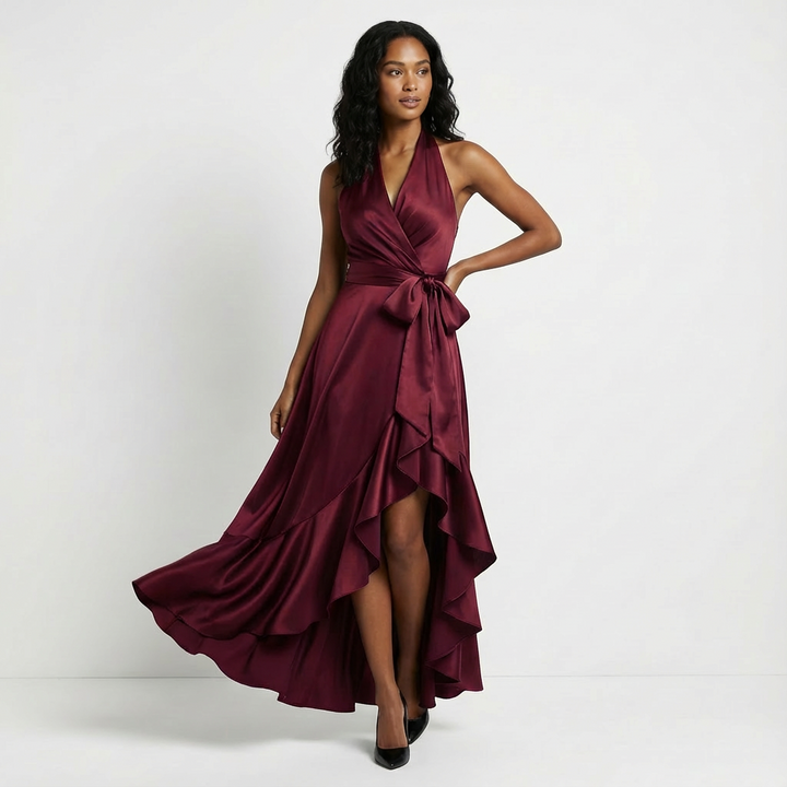 Beverly | Chic Halter Wrap Ruffle Fall Wedding Guest Dress