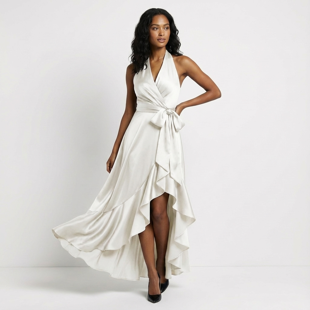 Beverly | Chic Halter Wrap Ruffle Fall Wedding Guest Dress
