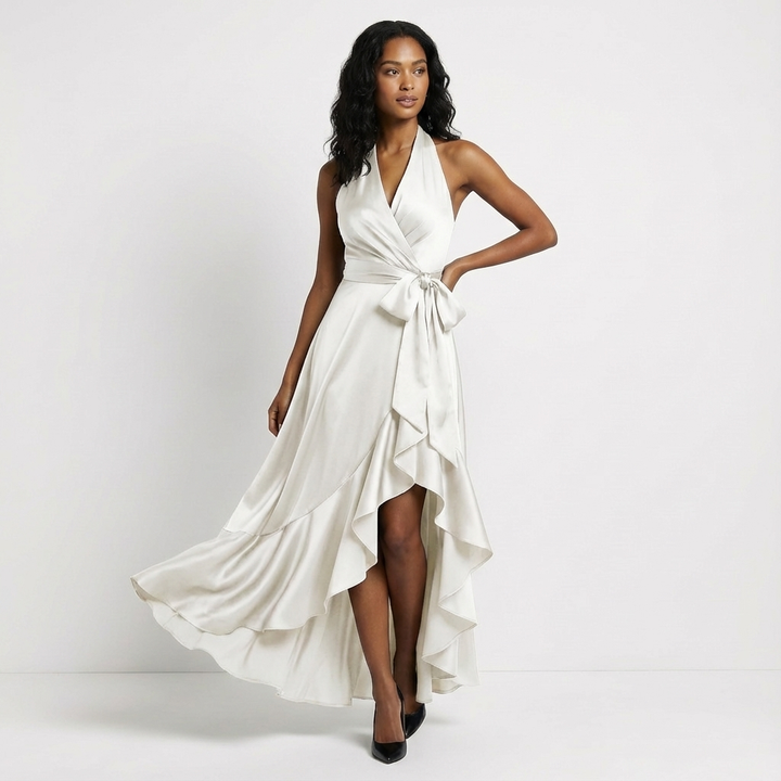 Beverly | Chic Halter Wrap Ruffle Fall Wedding Guest Dress