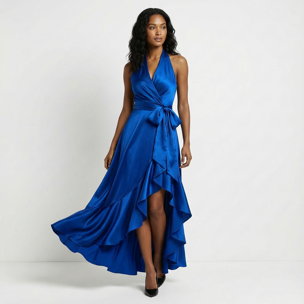 Beverly | Chic Halter Wrap Ruffle Fall Wedding Guest Dress