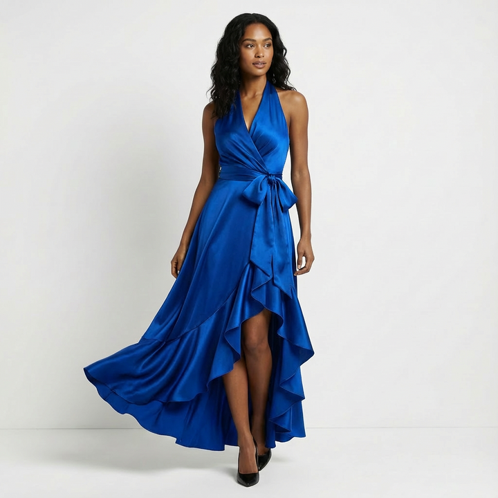 Beverly | Chic Halter Wrap Ruffle Fall Wedding Guest Dress