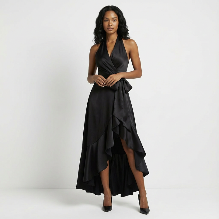 Beverly | Chic Halter Wrap Ruffle Fall Wedding Guest Dress