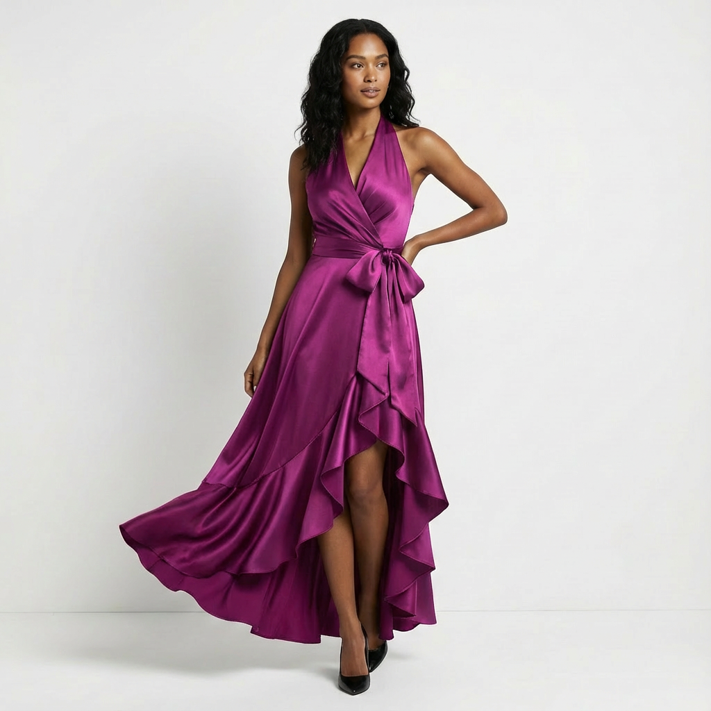 Beverly | Chic Halter Wrap Ruffle Fall Wedding Guest Dress