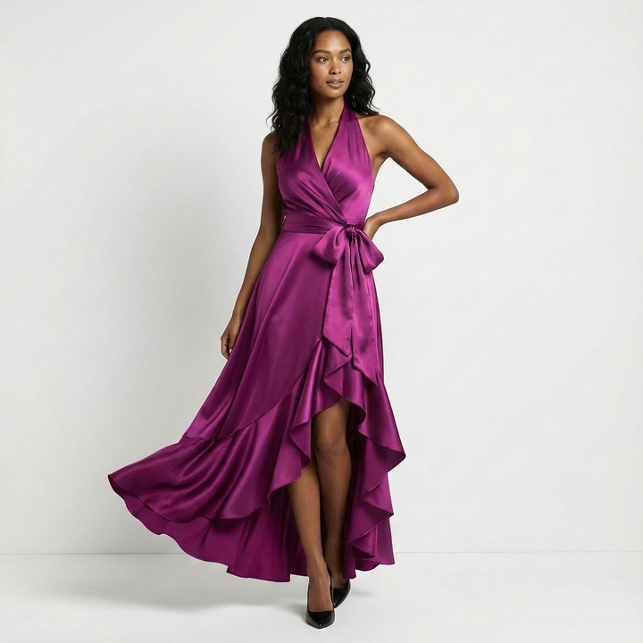 Beverly | Chic Halter Wrap Ruffle Fall Wedding Guest Dress