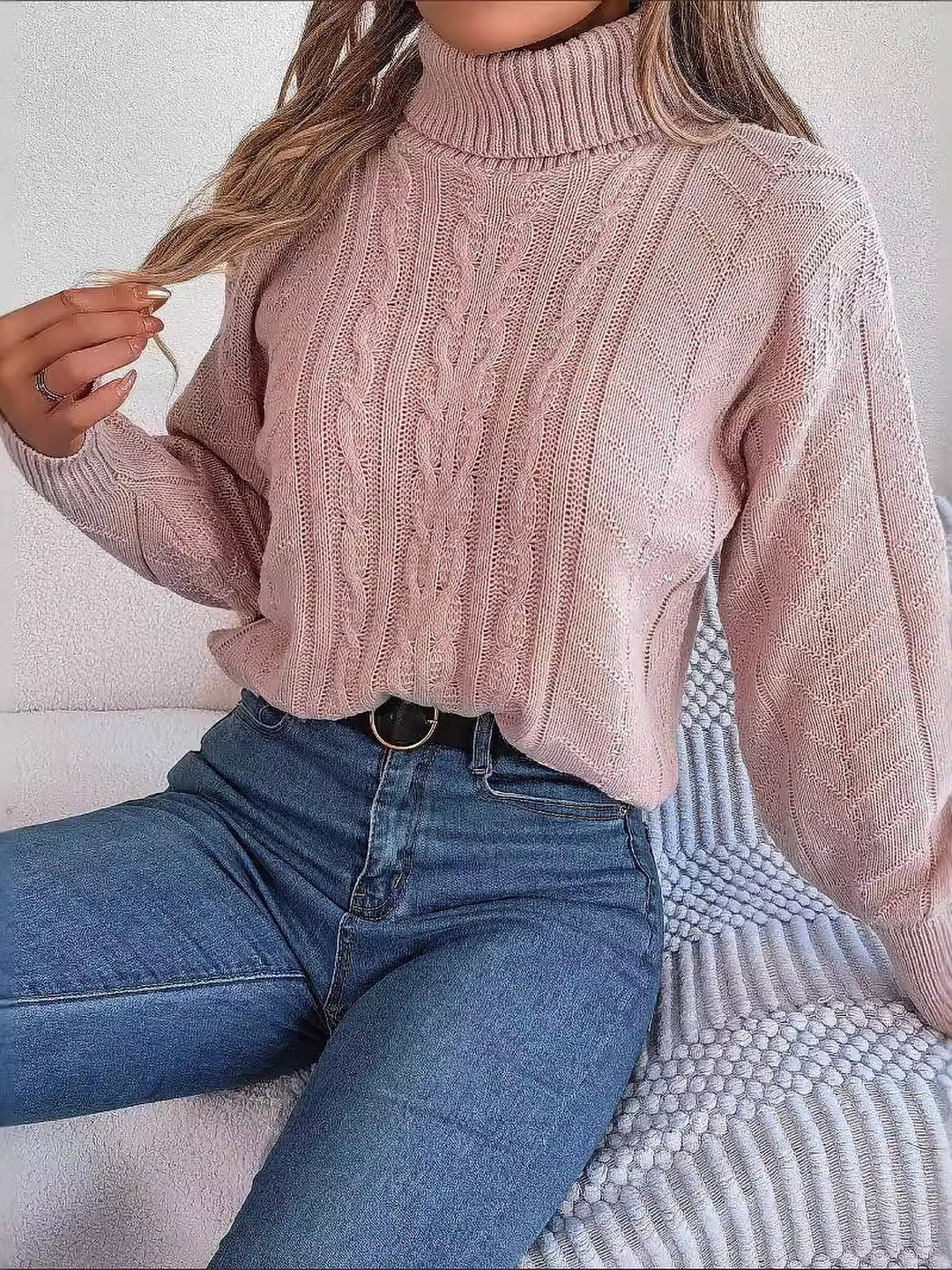 Beverly | Classic Womens Chunky Cable Knit Pullover Turtleneck Sweater