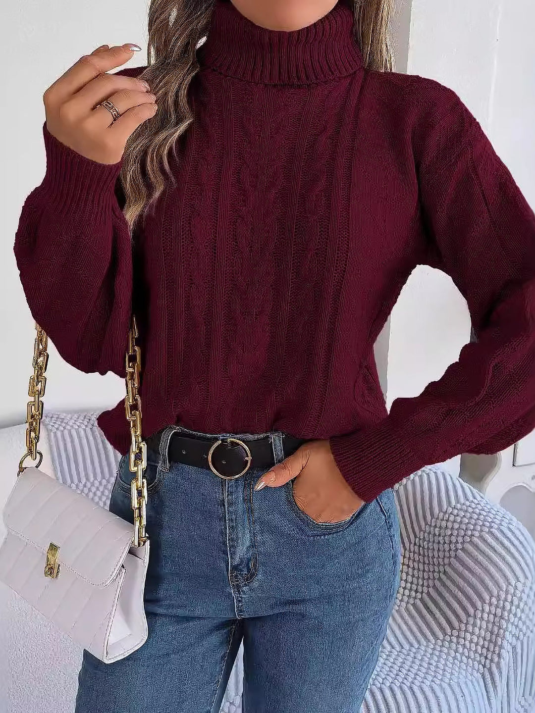 Beverly | Classic Womens Chunky Cable Knit Pullover Turtleneck Sweater