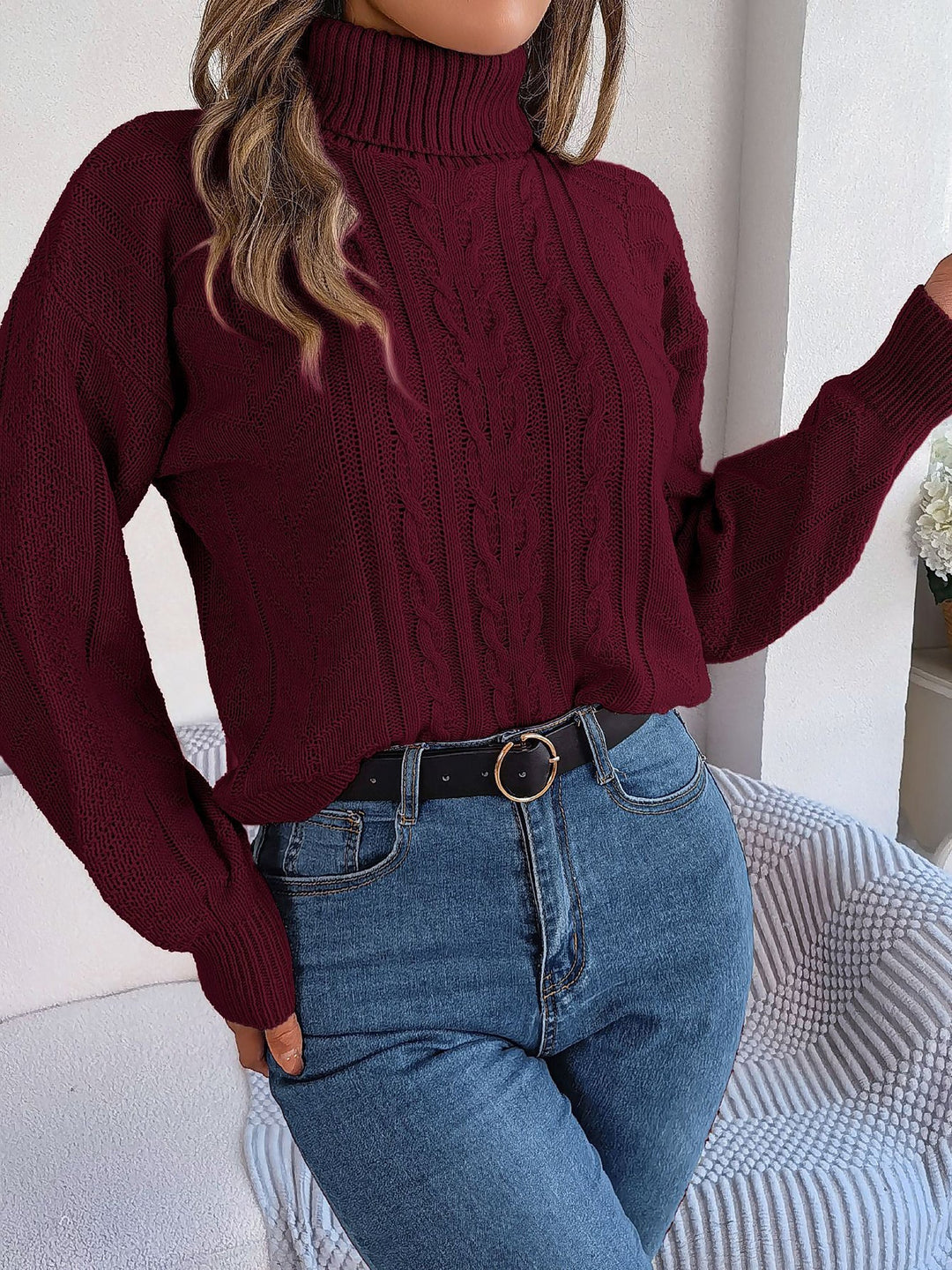 Beverly | Classic Womens Chunky Cable Knit Pullover Turtleneck Sweater