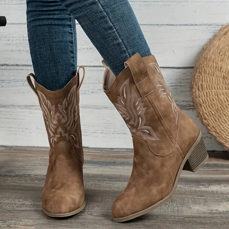 Beverly | Elegant Embroidered Mid-Calf Cowboy Boots