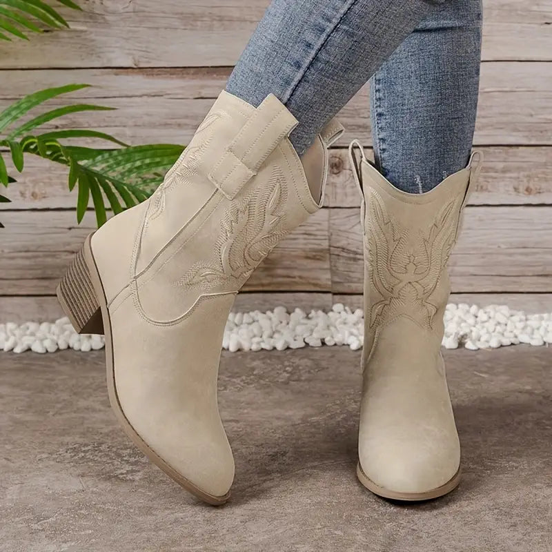 Beverly | Elegant Embroidered Mid-Calf Cowboy Boots