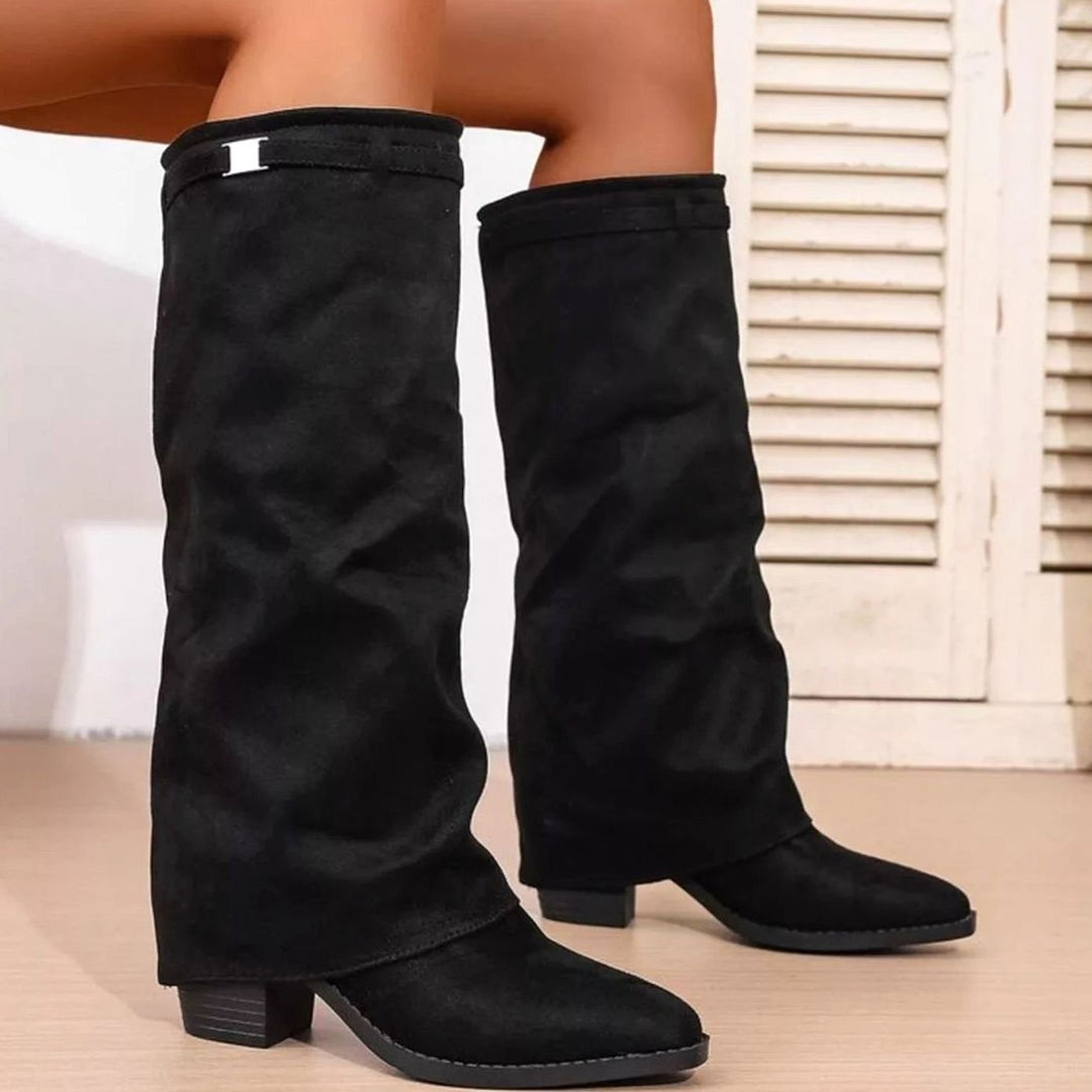 Beverly | Relaxed Knee High Fold-Over Block Heel Boots