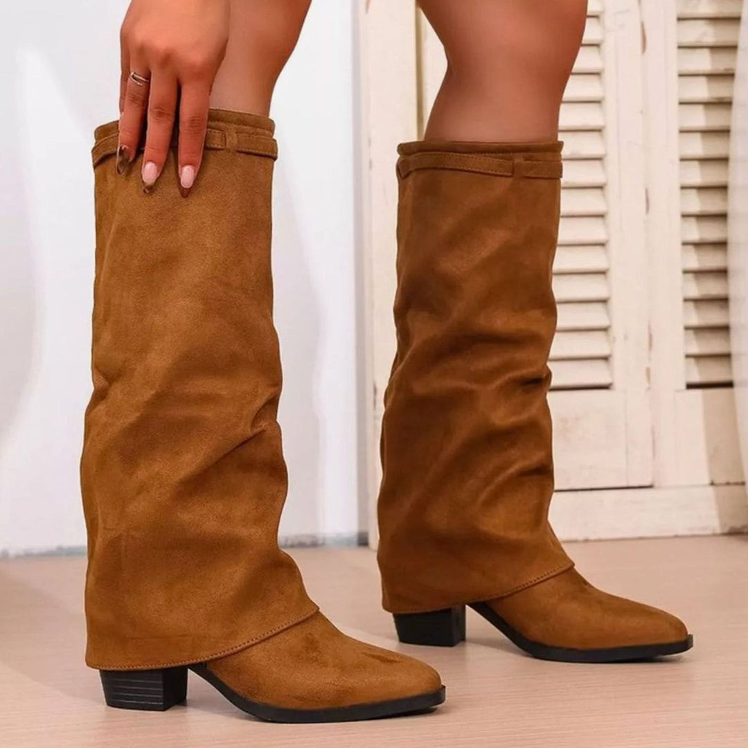Beverly | Relaxed Knee High Fold-Over Block Heel Boots