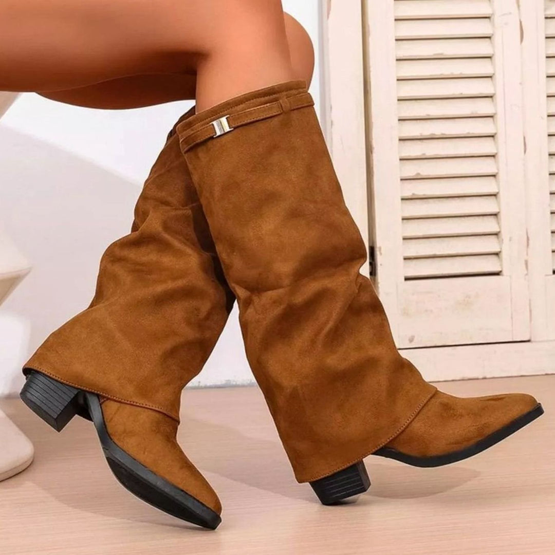 Beverly | Relaxed Knee High Fold-Over Block Heel Boots