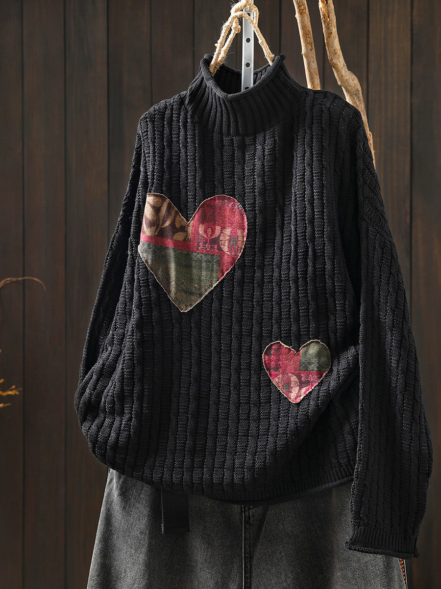 Beverly | Stylish Heart Patchwork Ribbed Turtleneck Sweater