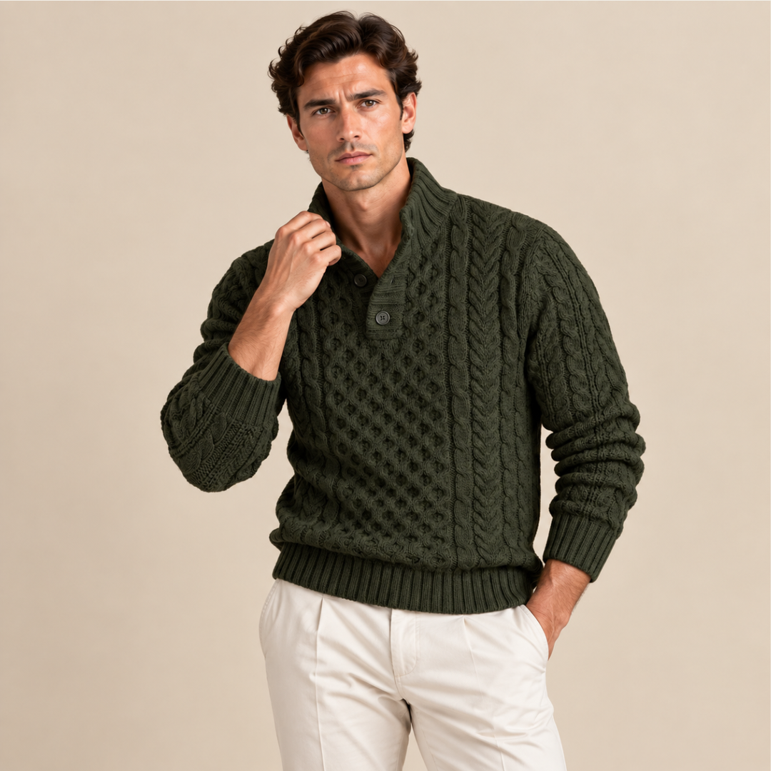 Brandon | Chunky Cable Knit Button Neck Mens Sweaters