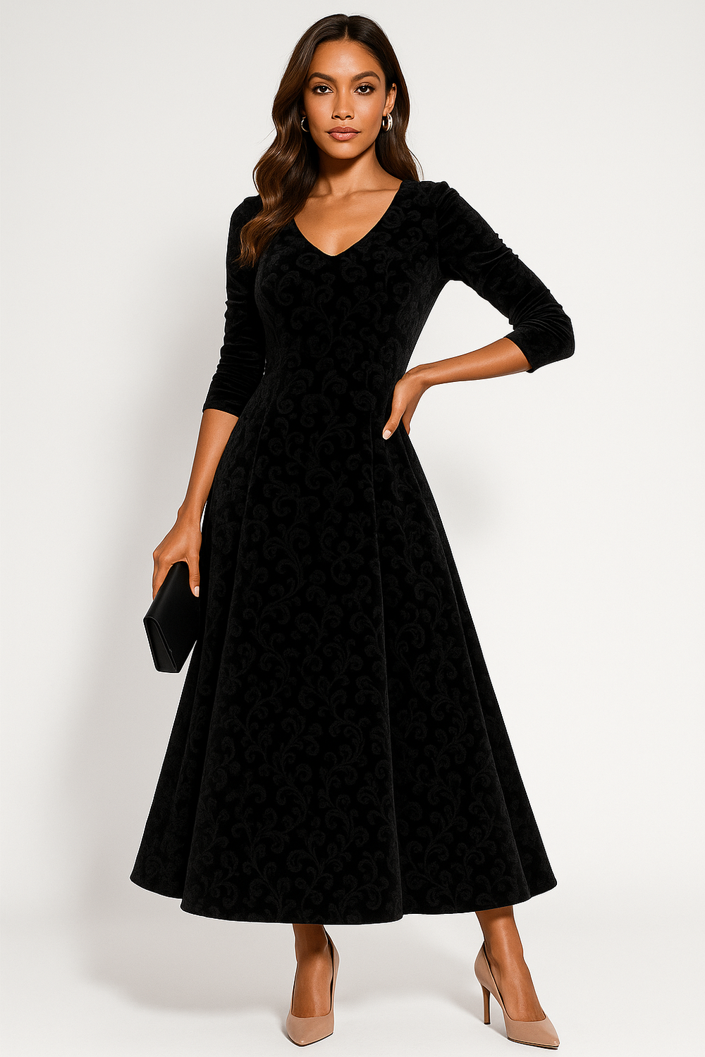 Brenda | Polished Floral Embossed Velvet Fall Wedding Guest Dress
