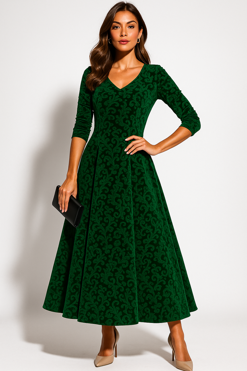Brenda | Polished Floral Embossed Velvet Fall Wedding Guest Dress