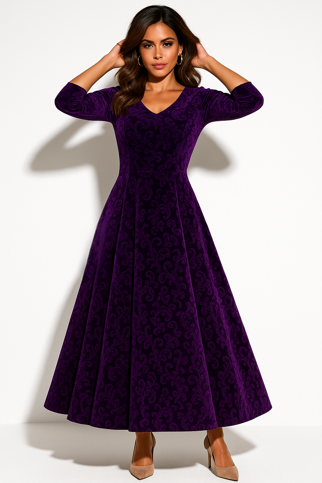 Brenda | Polished Floral Embossed Velvet Fall Wedding Guest Dress