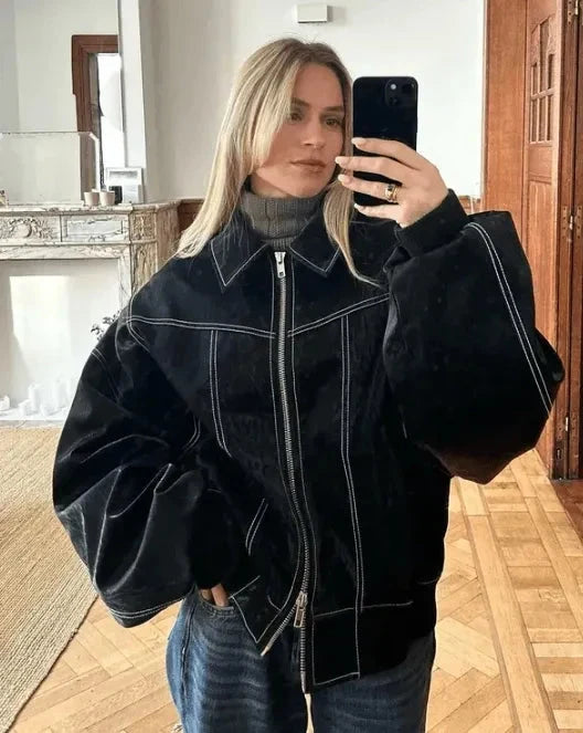 Brenda | Relaxed Oversized Bomber Jacket with Contrast Stitching