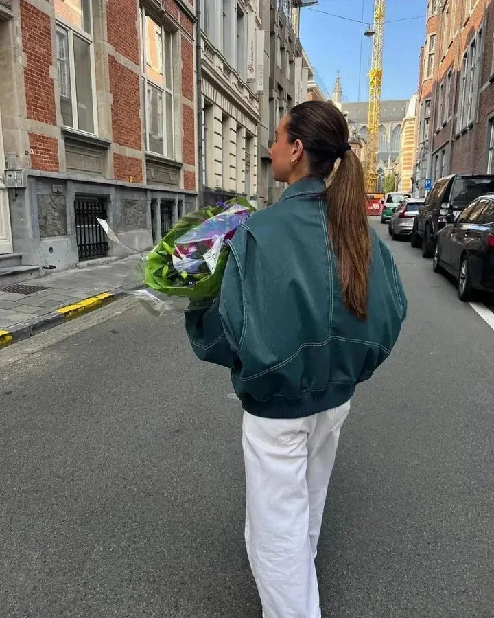 Brenda | Relaxed Oversized Bomber Jacket with Contrast Stitching