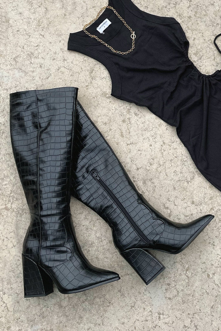 Brenda | Timeless Textured Knee High Block Heel Boots
