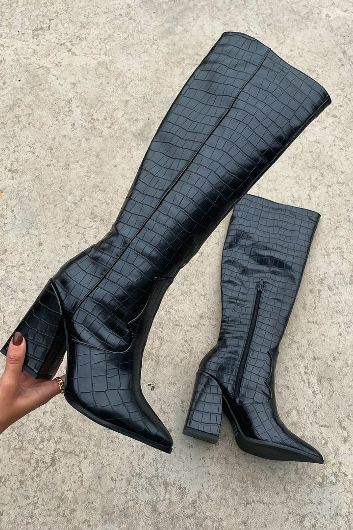 Brenda | Timeless Textured Knee High Block Heel Boots