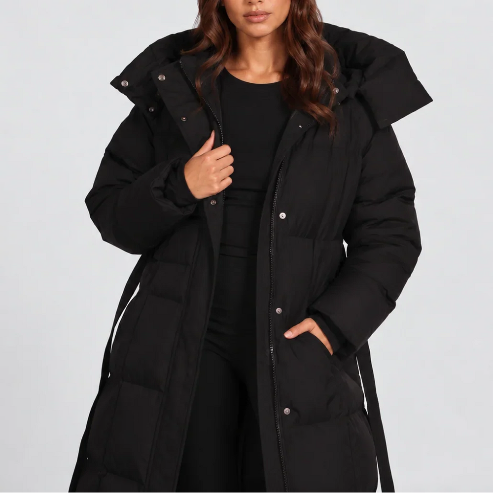 Brittany | Long Belted Hooded Winter Puffer Jacket