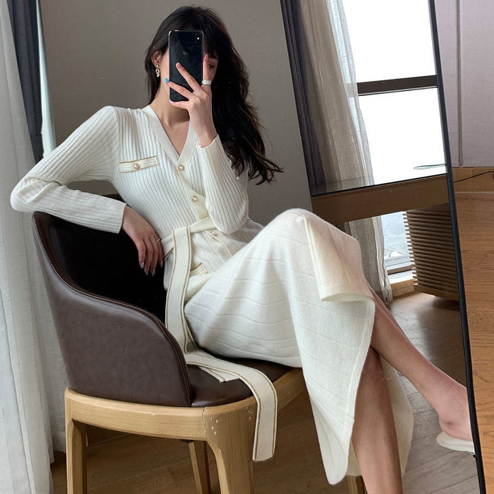 Carol | Chic Belted Ribbed Midi Sweater Dress