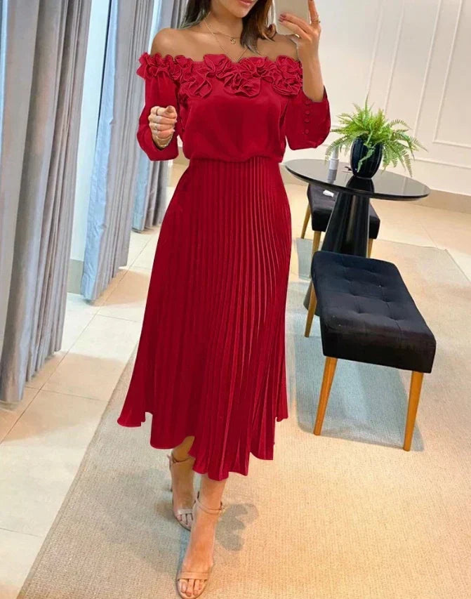 Carol | Elegant Off Shoulder Fall Wedding Guest Midi Dress