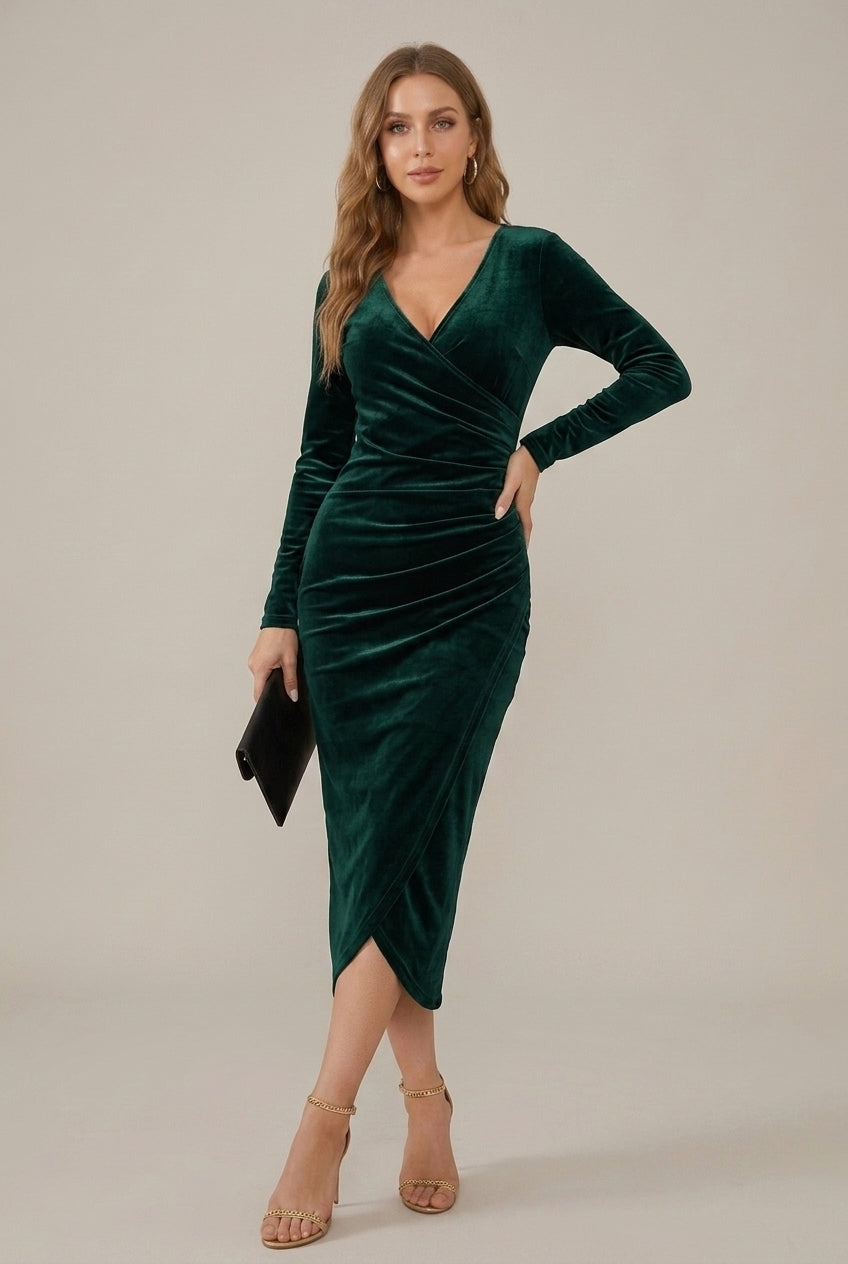 Carol | Relaxed Ruched Wrap Christmas Party Midi Dress