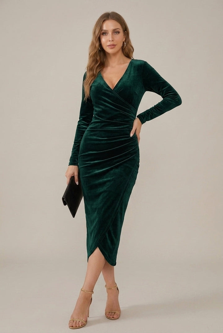 Carol | Relaxed Ruched Wrap Christmas Party Midi Dress