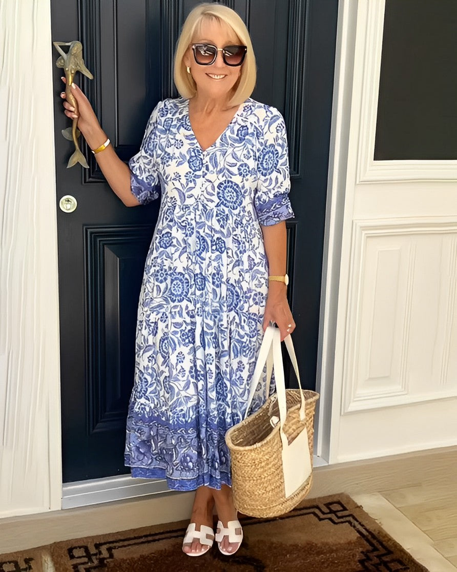 Carolyn | Chic Floral Print Holiday Dress with Tiered Midi Skirt