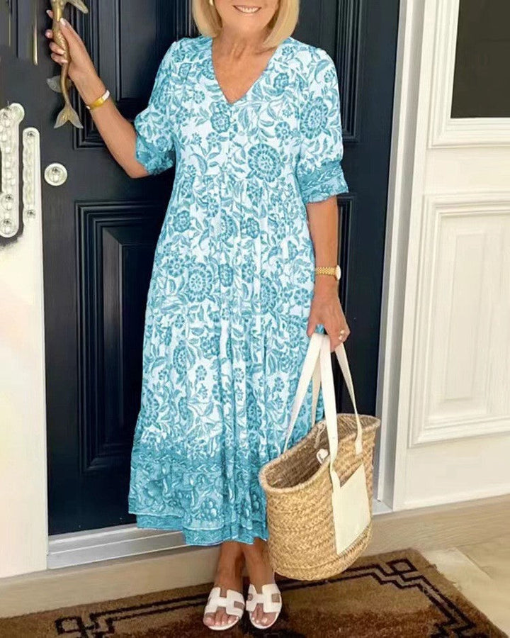 Carolyn | Chic Floral Print Holiday Dress with Tiered Midi Skirt