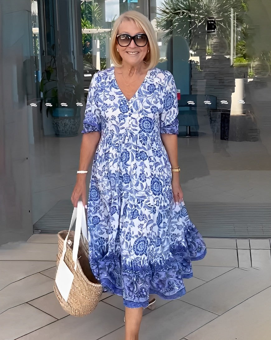 Carolyn | Chic Floral Print Holiday Dress with Tiered Midi Skirt
