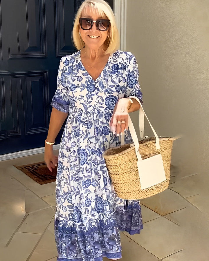 Carolyn | Chic Floral Print Holiday Dress with Tiered Midi Skirt