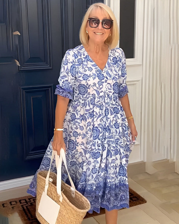 Carolyn | Chic Floral Print Holiday Dress with Tiered Midi Skirt