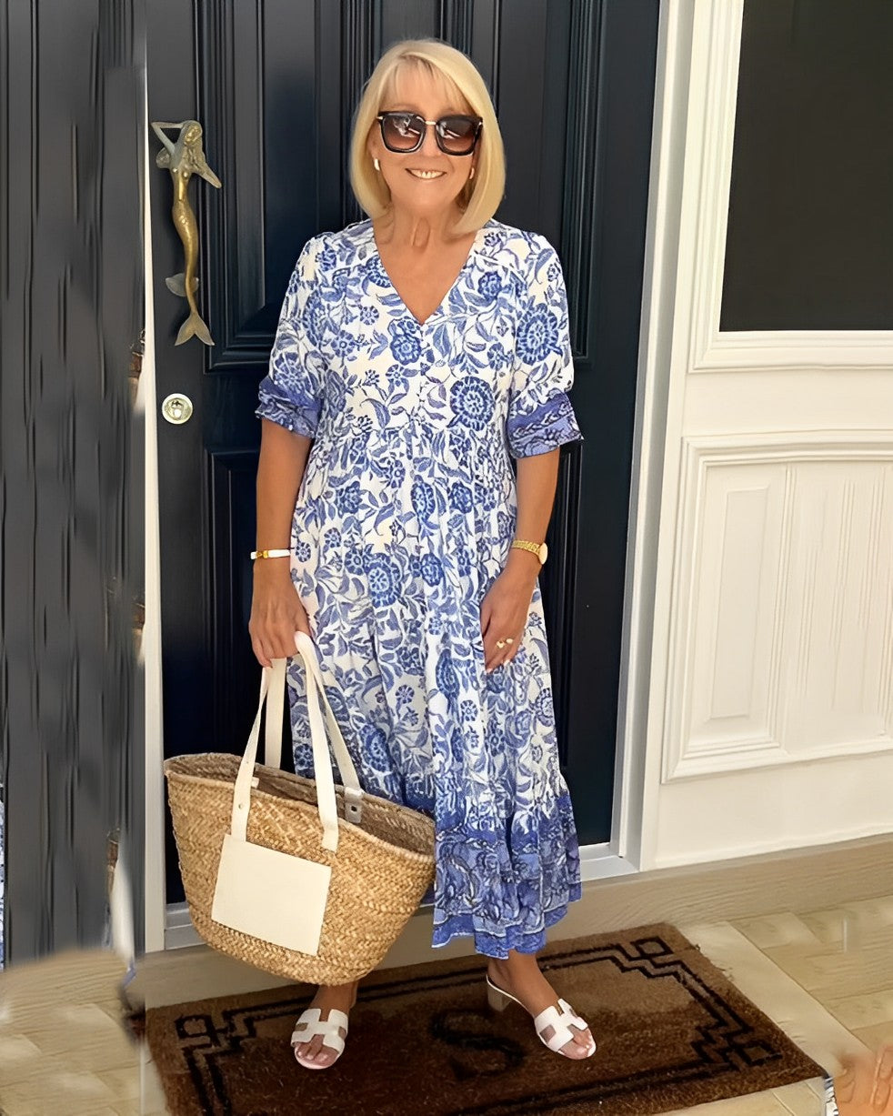 Carolyn | Chic Floral Print Holiday Dress with Tiered Midi Skirt
