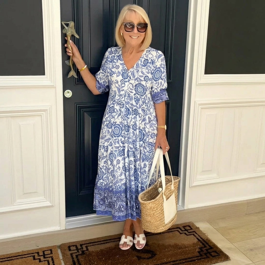 Carolyn | Chic Floral Print Holiday Dress with Tiered Midi Skirt
