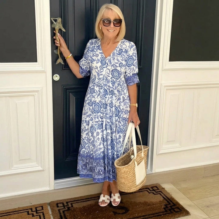 Carolyn | Chic Floral Print Holiday Dress with Tiered Midi Skirt