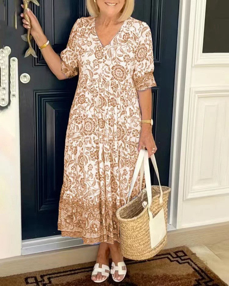 Carolyn | Chic Floral Print Holiday Dress with Tiered Midi Skirt